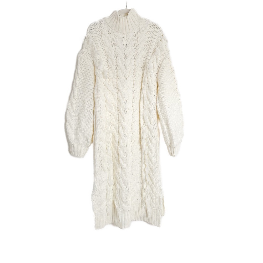 Farm Rio Fringed Cable Knit Midi Sweater Dress Off White Size Medium NWT - Picture 6 of 7